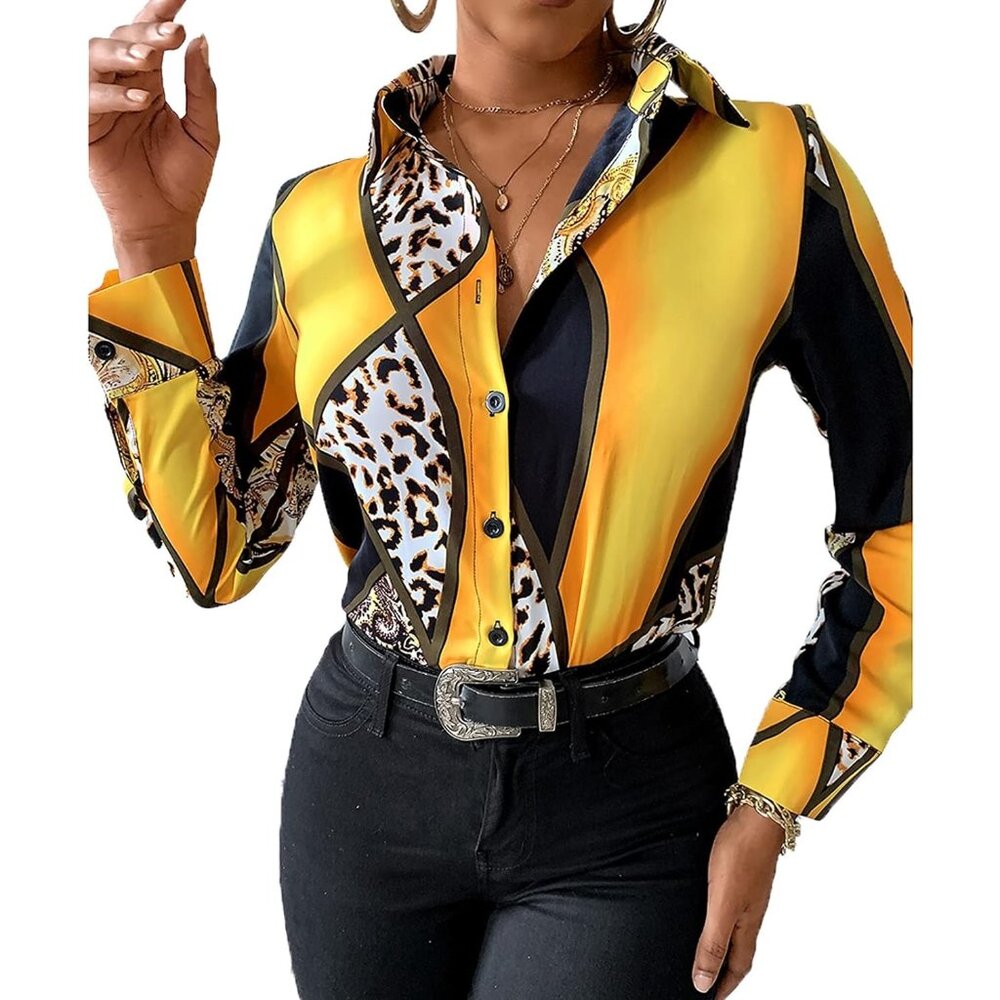 Women Collar Blouses Button Down Shirts Colorful Long Sleeve Floral Print Tops